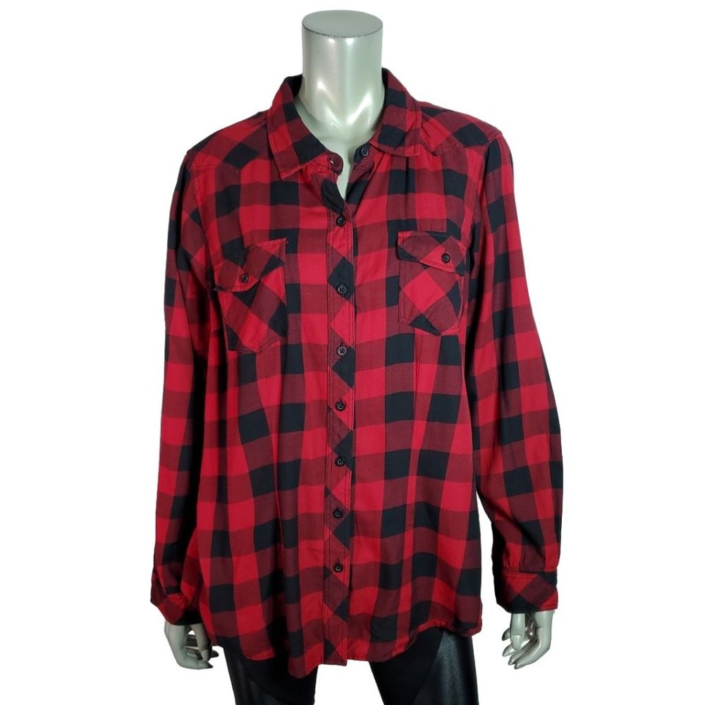 Torrid‎ Plaid Twill Camp Shirt 2X Pockets Plaid Button Down Collared Casual Red